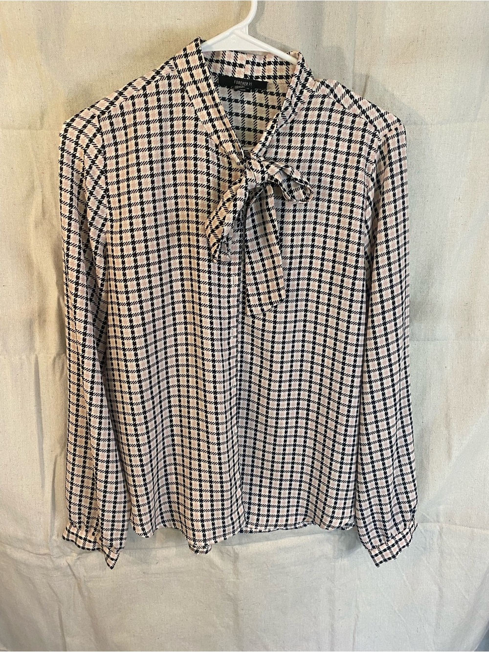 Forever 21 Pink and Black Houndstooth Tie-Neck Top